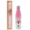 Easter Set, Metallic pink/white (Stainless steel) thermos, double-walled, 500ml & aromatic flat Easter candle (30cm) (PINK)