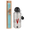 Easter Set, metallic silver aluminum water bottle (500ml) & scented flat Easter candle (30cm) (TURQUOISE)