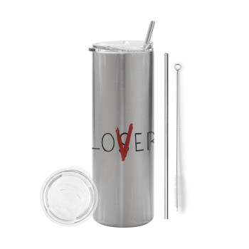 IT Lov(s)er, Eco friendly stainless steel Silver tumbler 600ml, with metal straw & cleaning brush
