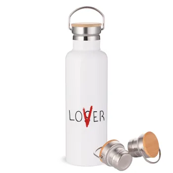 IT Lov(s)er, Μεταλλικό παγούρι θερμός (Stainless steel) Λευκό με ξύλινο καπάκι (bamboo), διπλού τοιχώματος, 750ml