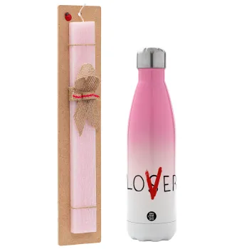 IT Lov(s)er, Easter Set, Metallic pink/white (Stainless steel) thermos, double-walled, 500ml & aromatic flat Easter candle (30cm) (PINK)
