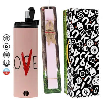 IT Lov(s)er, Πασχαλινή Λαμπάδα με  ΡΟΖ Travel Tumbler θερμό (600ml, BPA free) & κερί αρωματικό πλακέ (30cm) (ΡΟΖ)