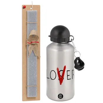 IT Lov(s)er, Easter Set, metallic silver aluminum water bottle (500ml) & aromatic flat Easter candle (30cm) (GRAY)