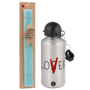 IT Lov(s)er, Easter Set, metallic silver aluminum water bottle (500ml) & scented flat Easter candle (30cm) (TURQUOISE)