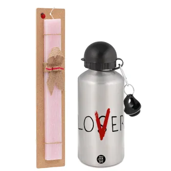 IT Lov(s)er, Easter Set, metallic Silver aluminum water bottle (500ml) & scented flat Easter candle (30cm) (PINK)