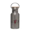 Stainless steel metallic thermos flask, silver with a bamboo lid, double-walled, 350ml.