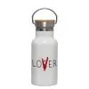 Metallic thermos (Stainless steel) White with wooden lid (bamboo), double-walled, 350ml