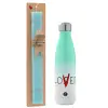 Easter Set, Metallic green/white thermos (Stainless steel), double-walled, 500ml & scented flat Easter candle (30cm) (TURQUOISE)