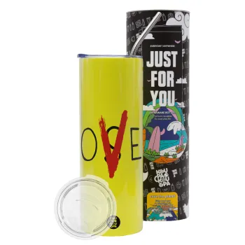 IT Lov(s)er, Neon Yellow Travel Tumbler θερμό, μεταλλικό καλαμάκι(Ανωξείδωτο 304 Food grade, BPA free, 600ml)