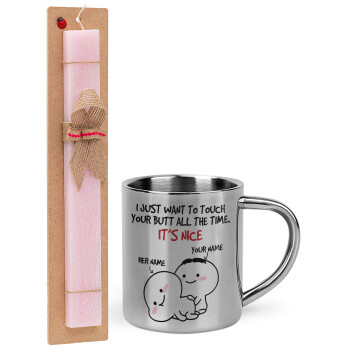 I Just Want To Touch Your Butt All The Time, Easter Set, metallic thermal cup (300ml) & aromatic flat Easter candle (30cm) (PINK)