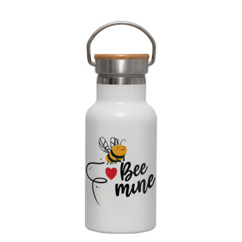 Bee mine!!!, Metallic thermos (Stainless steel) White with wooden lid (bamboo), double-walled, 350ml