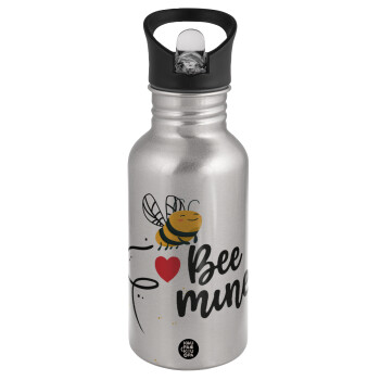 Bee mine!!!, Water bottle Silver with straw, stainless steel 500ml