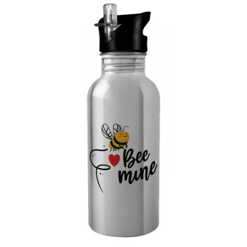 Bee mine!!!, Water bottle Silver with straw, stainless steel 600ml