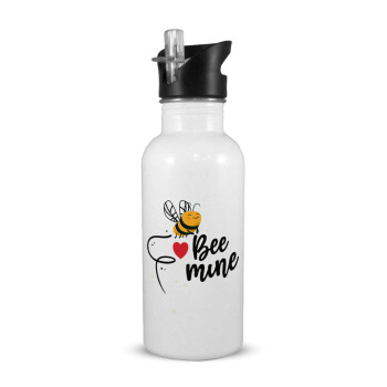 Bee mine!!!, White water bottle with straw, stainless steel 600ml