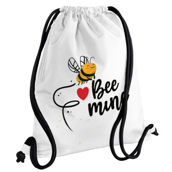 Bee mine!!!, Τσάντα πλάτης πουγκί GYMBAG λευκή, με τσέπη (40x48cm) & χονδρά κορδόνια
