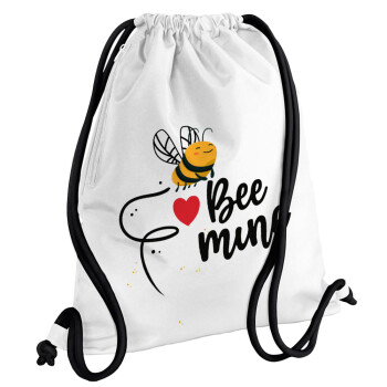 Bee mine!!!, Backpack pouch GYMBAG white, with pocket (40x48cm) & thick cords