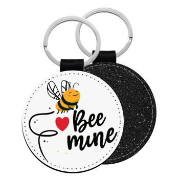 Bee mine!!!, Μπρελόκ Δερματίνη, στρογγυλό ΜΑΥΡΟ (5cm)