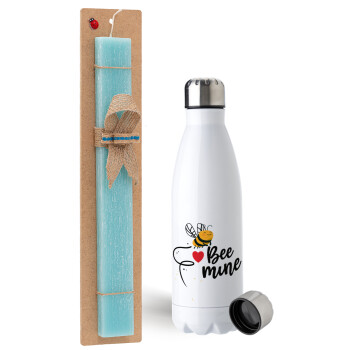 Bee mine!!!, Easter Set, metallic stainless steel water bottle (750ml) & aromatic flat Easter candle (30cm) (TURQUOISE)