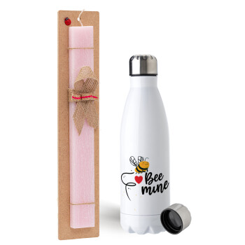 Bee mine!!!, Easter Set, metallic stainless steel water bottle (750ml) & scented flat Easter candle (30cm) (PINK)