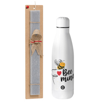 Bee mine!!!, Easter Set, metallic stainless thermos bottle (500ml) & scented flat Easter candle (30cm) (GRAY)