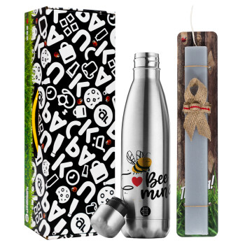 Bee mine!!!, Easter Set, metallic stainless thermos flask (500ml) & scented flat Easter candle (30cm) (GRAY)