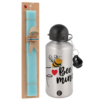 Bee mine!!!, Easter Set, metallic silver aluminum water bottle (500ml) & scented flat Easter candle (30cm) (TURQUOISE)