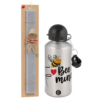 Bee mine!!!, Easter Set, metallic silver aluminum water bottle (500ml) & aromatic flat Easter candle (30cm) (GRAY)