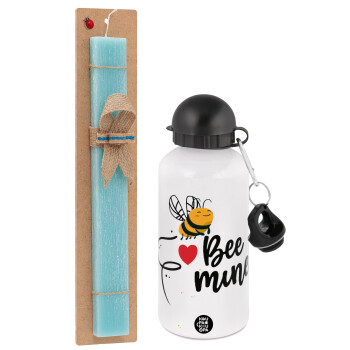 Bee mine!!!, Easter Set, metallic aluminum water bottle (500ml) & scented flat candle (30cm) (TURQUOISE)