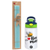Easter Set, Children's thermal stainless steel bottle with safety straw, green/blue (350ml) & aromatic flat Easter candle (30cm) (TURQUOISE)