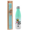 Easter Set, Metallic green/white thermos (Stainless steel), double-walled, 500ml & scented flat Easter candle (30cm) (TURQUOISE)