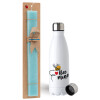 Easter Set, metallic stainless steel water bottle (750ml) & aromatic flat Easter candle (30cm) (TURQUOISE)