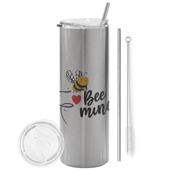 Bee mine!!!, Eco friendly stainless steel Silver tumbler 600ml, with metal straw & cleaning brush