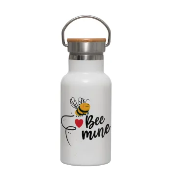 Bee mine!!!, Metallic thermos (Stainless steel) White with wooden lid (bamboo), double-walled, 350ml