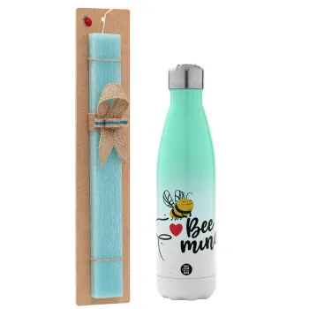 Bee mine!!!, Easter Set, Metallic green/white thermos (Stainless steel), double-walled, 500ml & scented flat Easter candle (30cm) (TURQUOISE)