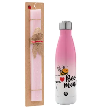 Bee mine!!!, Easter Set, Metallic pink/white (Stainless steel) thermos, double-walled, 500ml & aromatic flat Easter candle (30cm) (PINK)