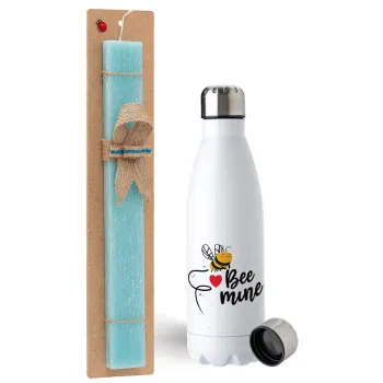 Bee mine!!!, Easter Set, metallic stainless steel water bottle (750ml) & aromatic flat Easter candle (30cm) (TURQUOISE)