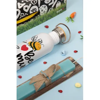 Bee mine!!!, Πασχαλινή Λαμπάδα με παγούρι μεταλλικό Ασημένιο αλουμινίου (500ml) & κερί αρωματικό πλακέ (30cm) (ΤΙΡΚΟΥΑΖ)