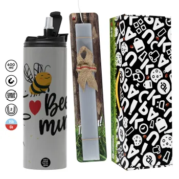 Bee mine!!!, Πασχαλινή Λαμπάδα με Travel Tumbler θερμό (600ml, BPA free) & κερί αρωματικό πλακέ (30cm) (ΓΚΡΙ)