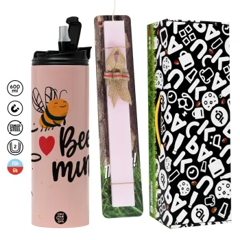 Bee mine!!!, Πασχαλινή Λαμπάδα με  ΡΟΖ Travel Tumbler θερμό (600ml, BPA free) & κερί αρωματικό πλακέ (30cm) (ΡΟΖ)