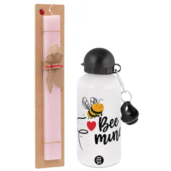 Bee mine!!!, Πασχαλινή Λαμπάδα με παγούρι μεταλλικό αλουμινίου (500ml) & κερί αρωματικό πλακέ (30cm) (ΡΟΖ)