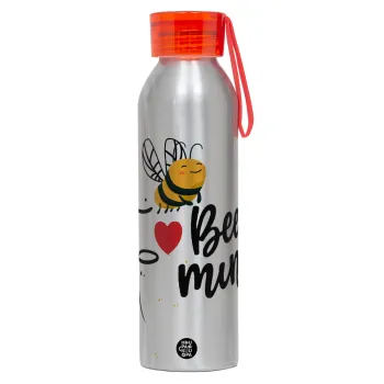 Bee mine!!!, Aluminum Sports Bottle 650ml – Silver with Red Cap and Silicone Strap