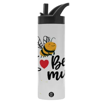 Bee mine!!!, Μεταλλικό παγούρι θερμός με καλαμάκι & χειρολαβή, ανοξείδωτο ατσάλι (Stainless steel 304), διπλού τοιχώματος, 600ml