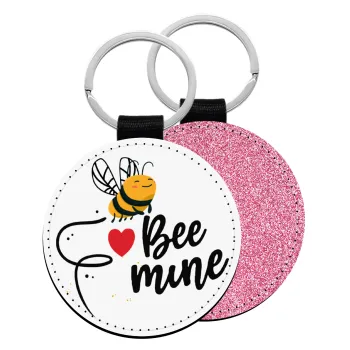 Bee mine!!!, Μπρελόκ Δερματίνη, στρογγυλό ΡΟΖ (5cm)