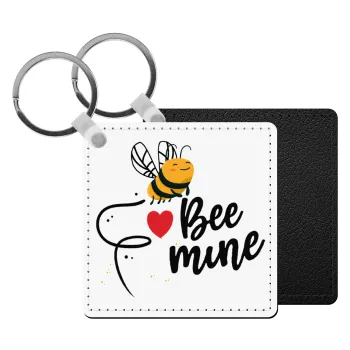 Bee mine!!!, Μπρελόκ Δερματίνη, τετράγωνο ΜΑΥΡΟ (5x5cm)