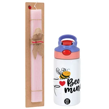 Bee mine!!!, Easter Set, Children's thermal stainless steel water bottle with safety straw, pink/purple (350ml) & Easter scented flat candle (30cm) (PINK)