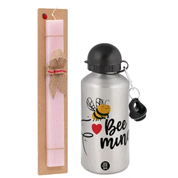 Bee mine!!!, Easter Set, metallic Silver aluminum water bottle (500ml) & scented flat Easter candle (30cm) (PINK)