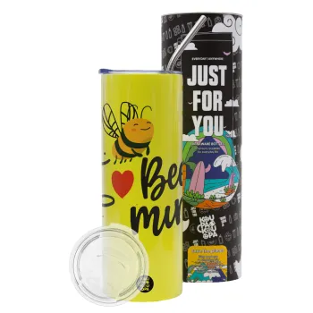Bee mine!!!, Neon Yellow Travel Tumbler θερμό, μεταλλικό καλαμάκι(Ανωξείδωτο 304 Food grade, BPA free, 600ml)