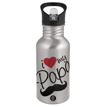 I Love my papa, Water bottle Silver with straw, stainless steel 500ml
