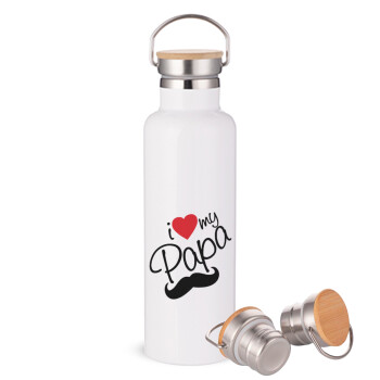 I Love my papa, Stainless steel White with wooden lid (bamboo), double wall, 750ml