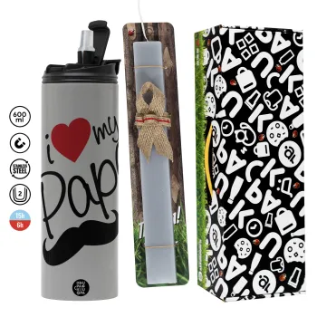 I Love my papa, Πασχαλινή Λαμπάδα με Travel Tumbler θερμό (600ml, BPA free) & κερί αρωματικό πλακέ (30cm) (ΓΚΡΙ)